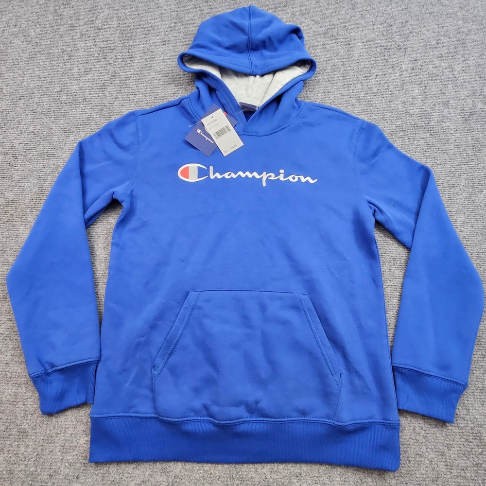Champion Hoodie Boys Large 14/16 Blue Script Logo Pullover Fleece Sweatshirt